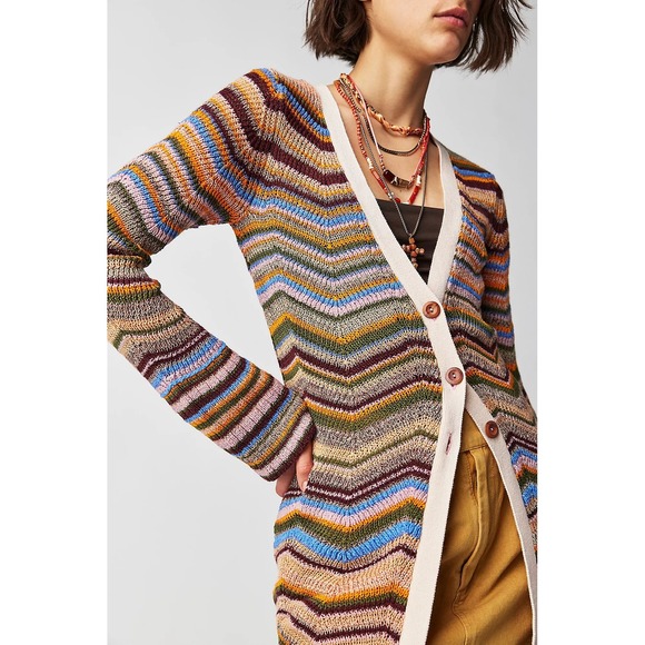 Free People Sweaters - Free People Striped Crochet Long Duster Cardigan Sweater Womens XS Boho Festival